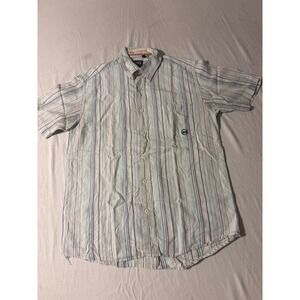 RIG Striped Button Down Shirt Mens L Light Blue Short Sleeve Casual Good Pocket